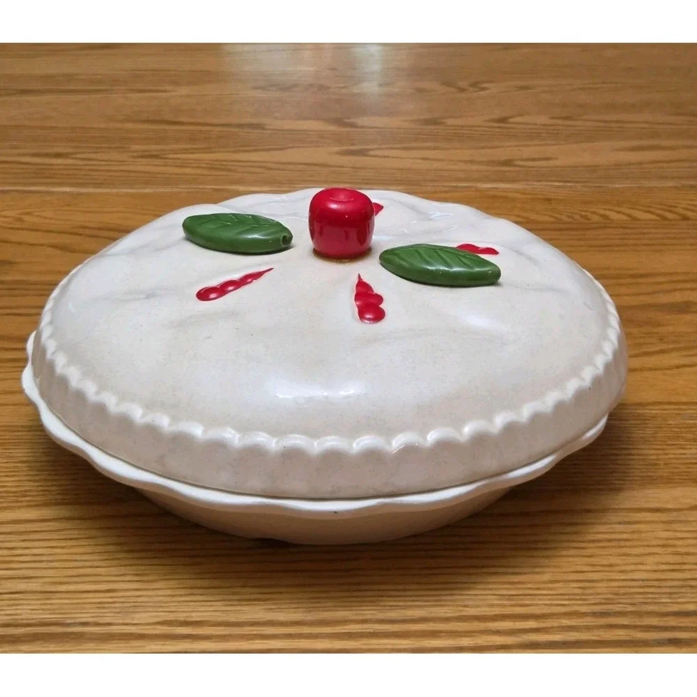 Vintage Ceramic Cherry Pie Plate Keeper Dish with Covered Lid